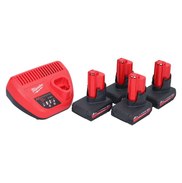 Milwaukee M12 Akku-Set mit vier 5,0 Amperestunden High Output Akkus und einem 12 Volt Ladegerät.