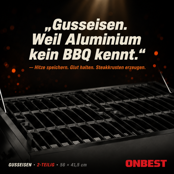 ONBEST Gusseisen Grillrost, zweiteilig, Maße 56 mal 41,5 Zentimeter.