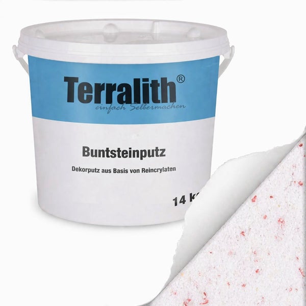 Terralith Buntsteinputz im 14 Kilogramm Eimer mit Strukturansicht, Dekorputz auf Basis von Reincrylaten.