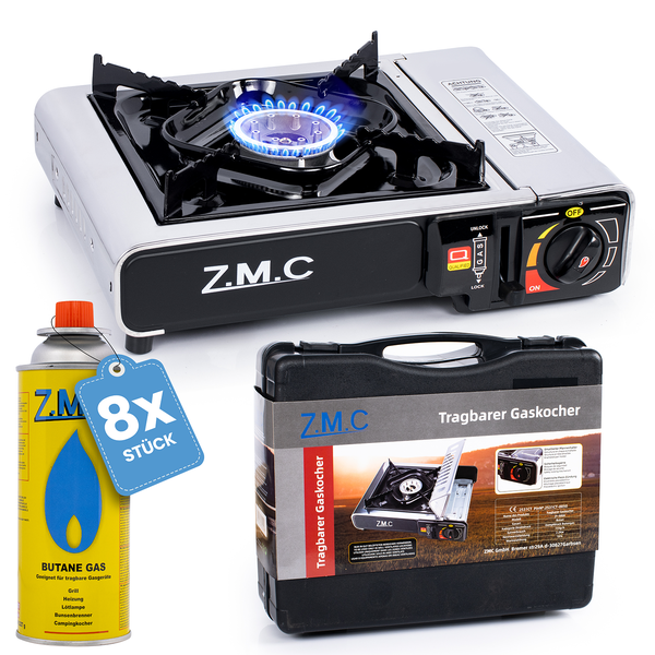 Z.M.C Edelstahl Campingkocher Gaskocher 1 Flammig + Aufbewahrungskoffer + 8x Gaskartuschen 227g für Indoor/Outdoor | Wärmeleistung: 2,2KW  Piezozündung Kartuschenkocher