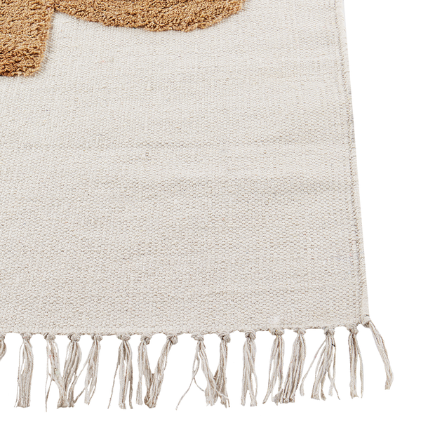 Detailansicht eines Flachgewebe-Teppichs aus Baumwolle mit dekorativen Fransen und einem Hochflor-Element.