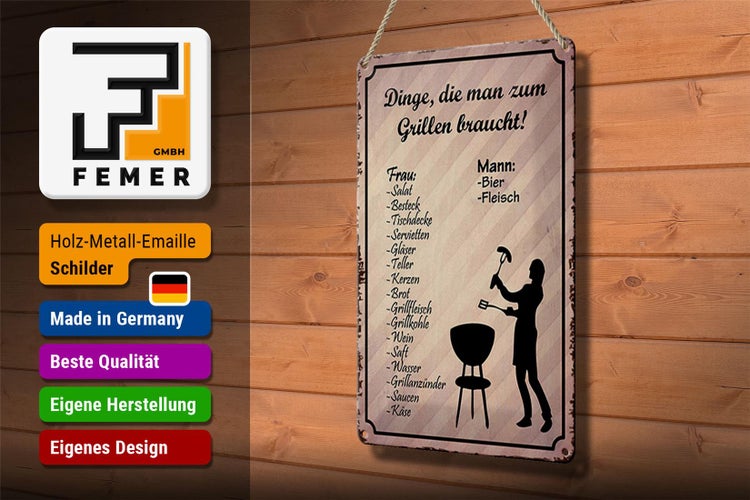 Blechschild Spruch 20x30cm Dinge die man zum Grillen braucht