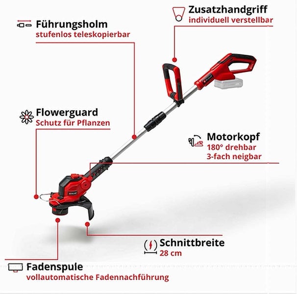 Einhell Akku Rasentrimmer mit teleskopierbarem Führungsholm, verstellbarem Zusatzhandgriff, drehbarem Motorkopf und Flowerguard Pflanzenschutz.