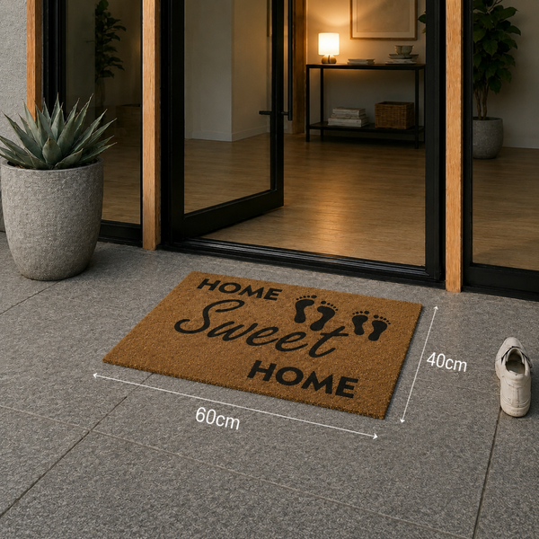 Kokos-Fußmatte mit Home Sweet Home Aufdruck und Fußabdrücken, Maße 60 mal 40 Zentimeter, vor einer Glastür im Eingangsbereich.