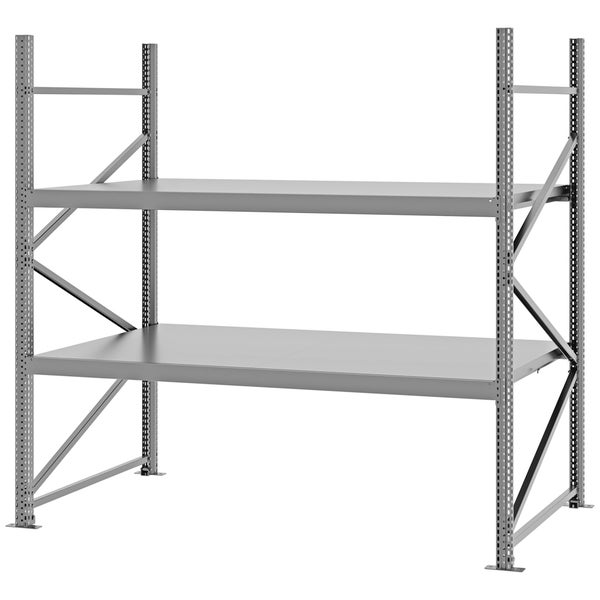 Robustes Weitspannregal aus Metall mit zwei Fachböden, ideal für die Lagerung in Werkstatt oder Garage.