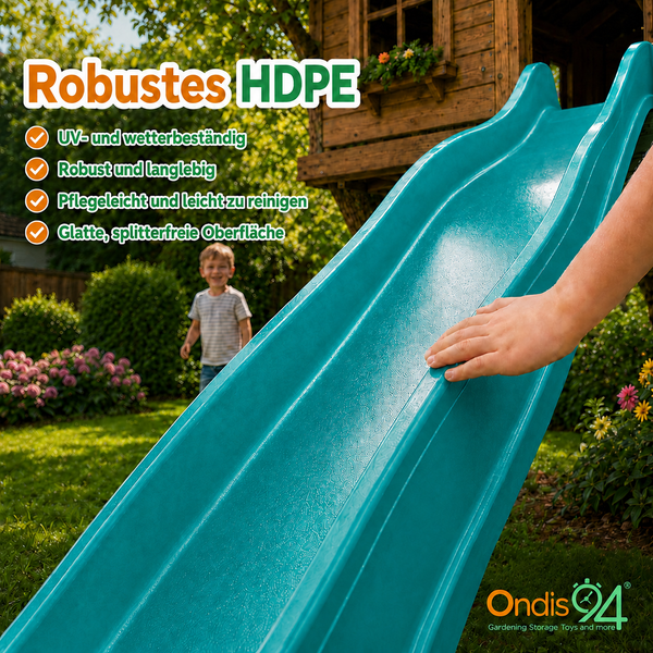 Gartenrutsche aus robustem Polyethylen hoher Dichte, ultraviolett- und wetterbeständig, langlebig und pflegeleicht. Ondis24 Logo.