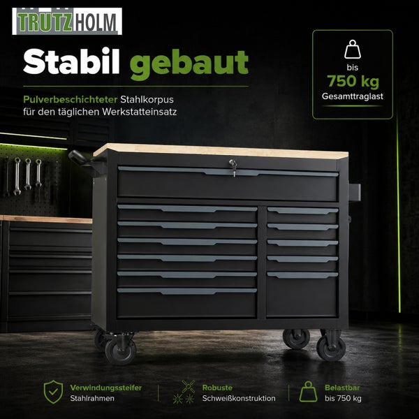Trutzholm Werkstattwagen aus pulverbeschichtetem Stahl mit Holzplatte, 13 Schubladen, belastbar bis 750 Kilogramm, Trutzholm Logo.
