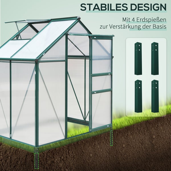 Outsunny Gewächshaus Aluminium Treibhaus mit Dachfenster Tür 190 x 132 x 201 cm Pflanzenhaus mit Fundament begehbares Tomatenhaus Witterungsbeständig Polycarbonat Grün+Transparent