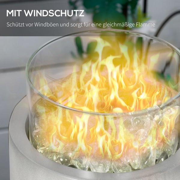 Outsunny Gas-Feuerschale10.000BTU, Tischfeuerschale im Betonoptik mit Glasperlen, Passend zum Regenschirmloch, für Outdoor, Ø 25,4 x 18,5 cm, Stein, Hellgrau