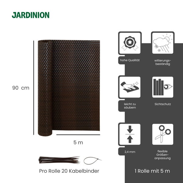 JARDINION Logo, Sichtschutz 90 Zentimeter mal 5 Meter, 2,4 Millimeter stark, witterungsbeständig, individuell kürzbar, inklusive 20 Kabelbindern.