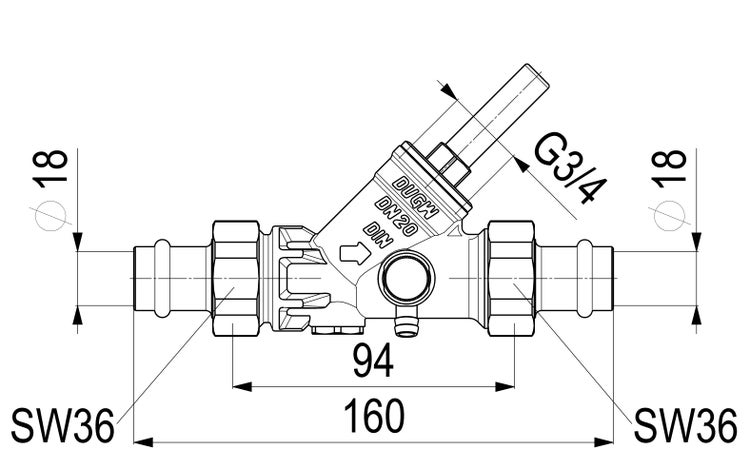 Technische Zeichnung eines Schrägsitzventils mit Nennweite 20, Pressanschlüssen 18 Millimeter und detaillierten Maßangaben in Millimeter.