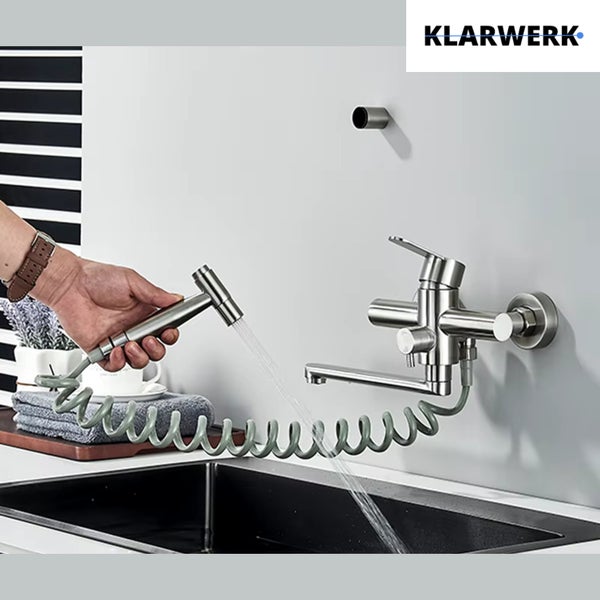 MAX | Gastronomie Mischbatterie Wandmontage Armatur Silber | Profi Küchenarmatur Edelstahl mit Handbrause | Wasserhahn Restaurant Wand flacher Auslauf
