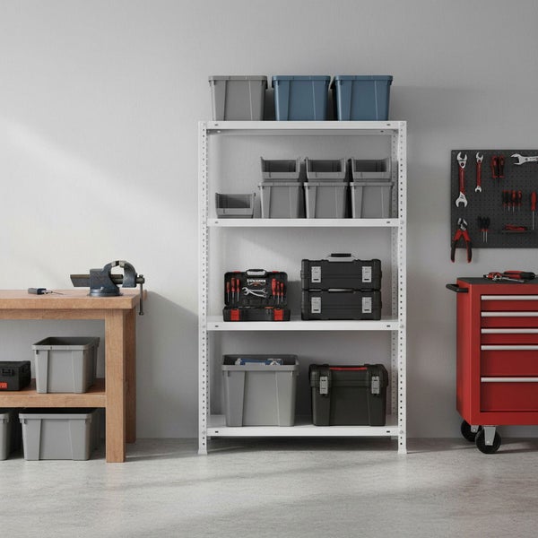 Weißes Schwerlastregal in einer hellen, organisierten Werkstatt mit Werkbank, Werkzeugwagen und Lochwand für Werkzeug.