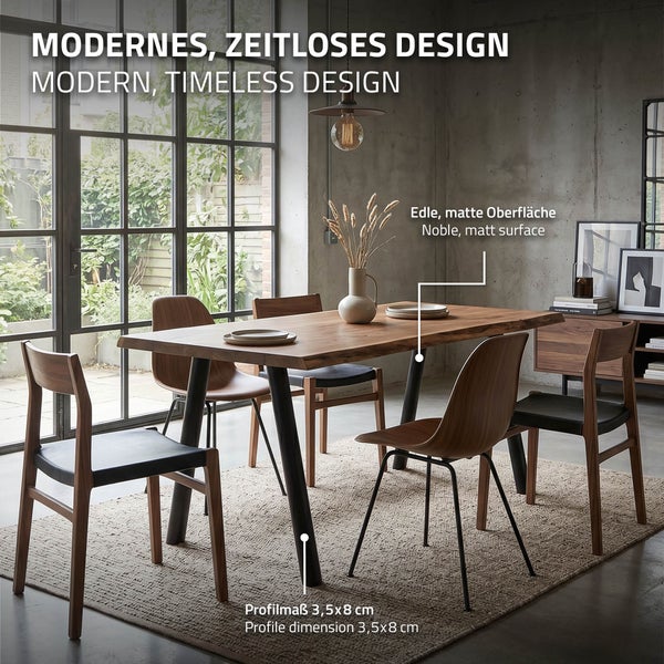 Moderner Esstisch aus Holz mit matten Metallbeinen im Profilmaß 3,5 mal 8 Zentimeter in einem zeitlosen Speisezimmer mit Gartenblick.