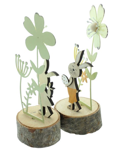 FRANK FLECHTWAREN | Hase Blumenwiese, 2er Set, METALL, HOLZ, MDF, 7,5 x 6 x 18 cm