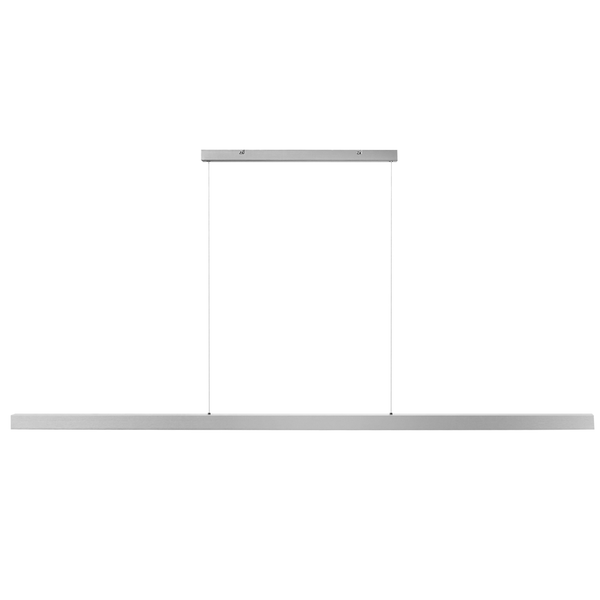 Moderne lineare LED-Pendelleuchte aus Metall mit rechteckigem Baldachin und dünnen Drahtseilen.