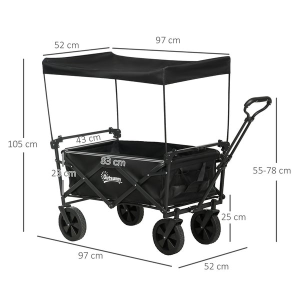 Outsunny Bollerwagen Faltbar, Transportwagen mit Sonnendach, Handwagen mit Griff, Gartenwagen mit Tragetasche, bis 100 kg Belastbar, Oxford, Schwarz