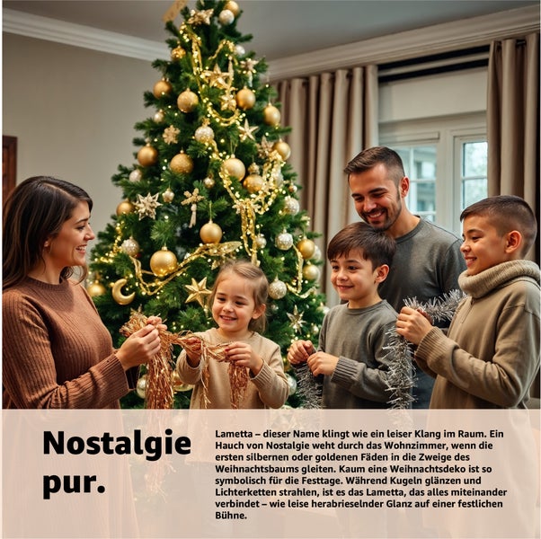 Familie schmückt Weihnachtsbaum mit Lametta und Christbaumkugeln