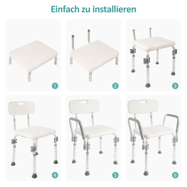 EMKE Duschhocker für Senioren – Duschstuhl mit Armlehnen und Rückenlehne, höhenverstellbarer Duschsitz, Badhocker für Dusche und Badewanne, belastbar bis 135 kg, Weiß