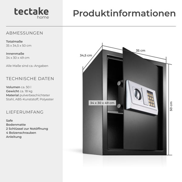 Produktdetails zum Tresor mit den Abmessungen.