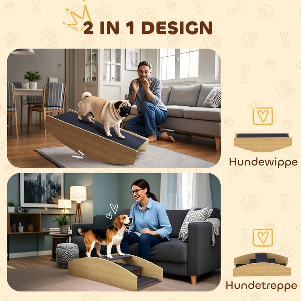 Hundetreppe aus hellem Holz mit drei Stufen, rutschfeste Oberfläche, Stufenhöhe 8 Zentimeter, gelenkschonend, für Hunde geeignet.