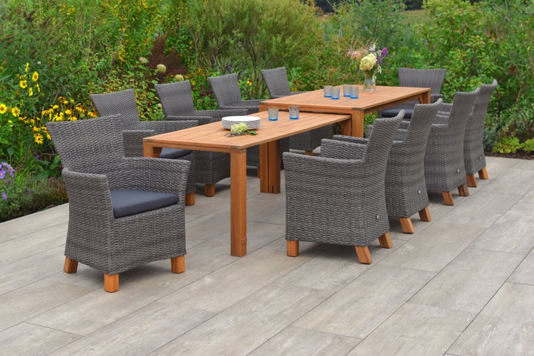 Toskana Gartenmöbelset 11tlg., Gartensessel inkl. Auflagen, Flexibler Ausziehtisch, grau