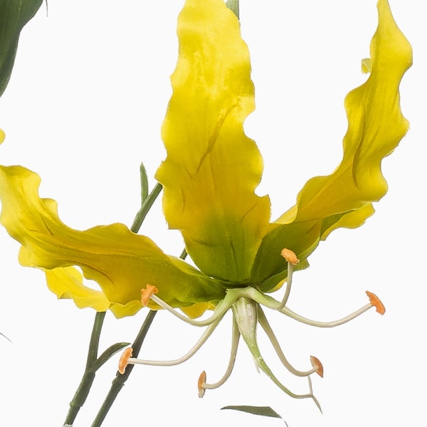 Nahaufnahme einer künstlichen Lilie mit grünen Stielen und strukturierten Blättern.