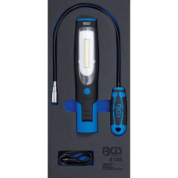 BGS Technic LED Werkstatt-Inspektionslampen-Set mit flexibler Schwanenhals-Leuchte und USB-Ladekabel in Schaumstoffeinlage. BGS Technic Logo.