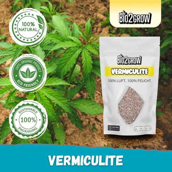 Bio2Grow Vermiculit Packung vor Pflanze mit Siegeln für naturbelassene Inhaltsstoffe und nachhaltige Verpackung