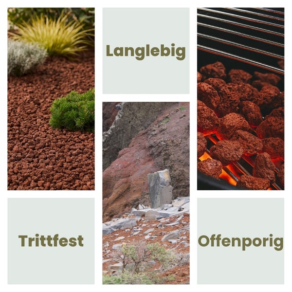 Produktmerkmale von Lavagestein: langlebig, trittfest und offenporig.