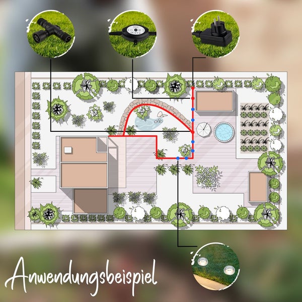 Anwendungsbeispiel für eine Gartenbeleuchtung mit Darstellung von T-Verbinder, Sensor, Stecker und Bodeneinbaustrahlern im Gartenplan.