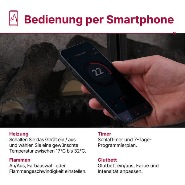 Smartphone App zur Steuerung eines Elektrokamins mit Funktionen für Heizung, Flammen, Timer und Glutbett.
