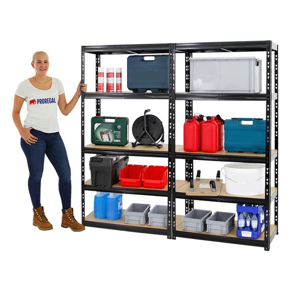 PROREGAL Mega Deal 2x Schwerlastregal Tiger HxBxT 180 x 90 x 45 cm Fachlast 265 kg 5-Ebenen Schwarz