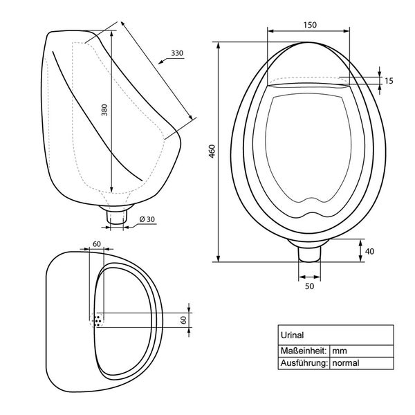 ECD Germany Urinal Zulauf von hinten Weiß, Hochwertige Keramik Pinkelbecken, Modernes Design Pissoir, 35 x 42 x 30 cm, Rund, Spülrand Geschlossen, Ablauf nach hinten, WC-Urinal Absaugeurinal Becken