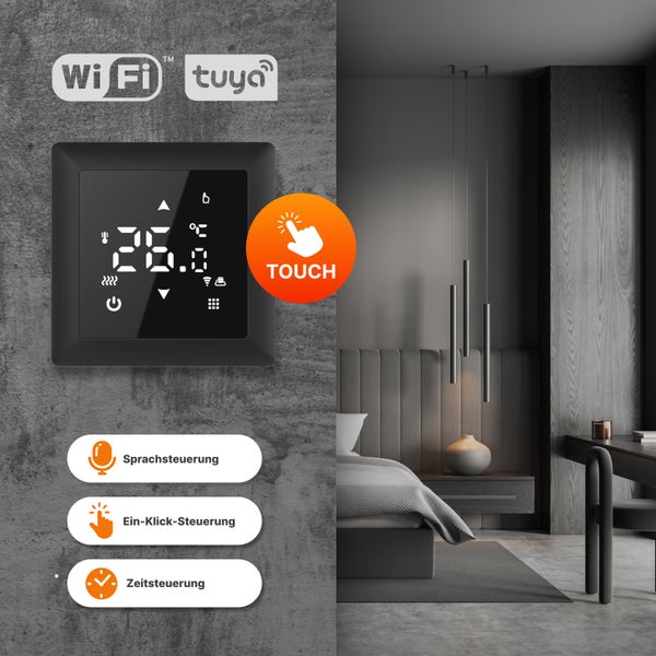 Schwarzer, digitaler Thermostat mit Touchfunktion für die Wandmontage in einem Schlafzimmer.