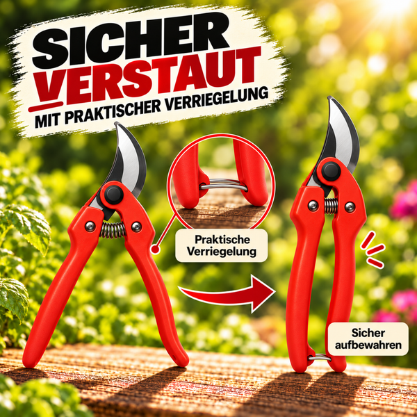 Gartenschere mit praktischer Verriegelungsfunktion zur sicheren Aufbewahrung in offener und geschlossener Position.