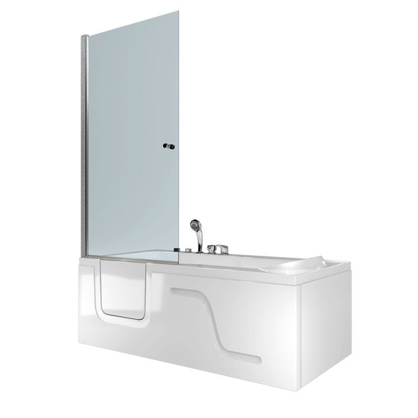 Innenansicht einer weißen Sitzbadewanne mit Whirlpool-Düsen, rutschfestem Boden und Türverriegelung.