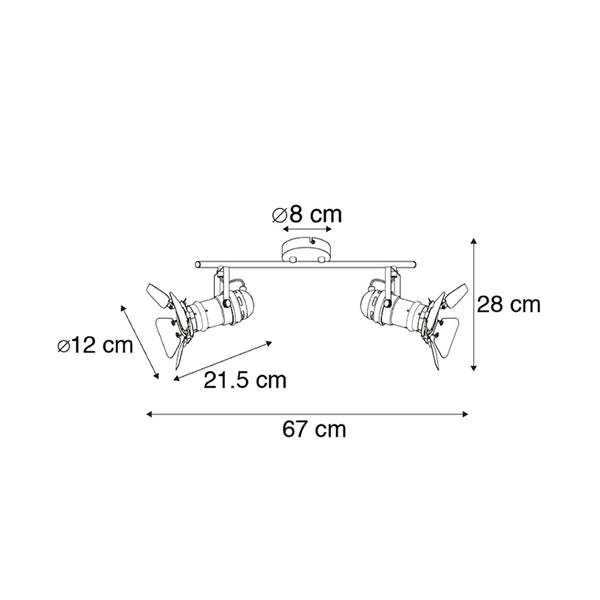 Technische Zeichnung einer Deckenleuchte mit zwei Strahlern und Maßangaben