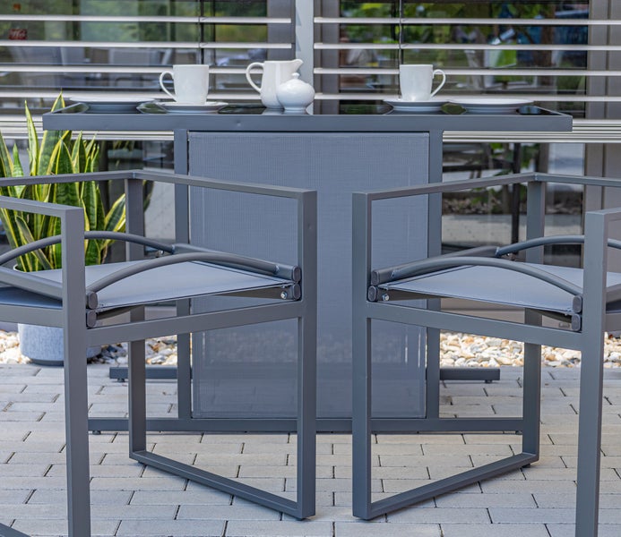 Ondis24 Balkonmöbel Gartenmöbel Set, Gartenset klein 3 teilig mit Tisch und 2 klappbaren Stühlen, platzsparend, leicht verstaubar, Sicherheitsglas, grau