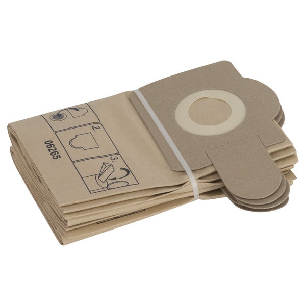Mehrere Staubsaugerbeutel aus Papier mit Halterung aus Pappe und aufgedruckter Anleitung.