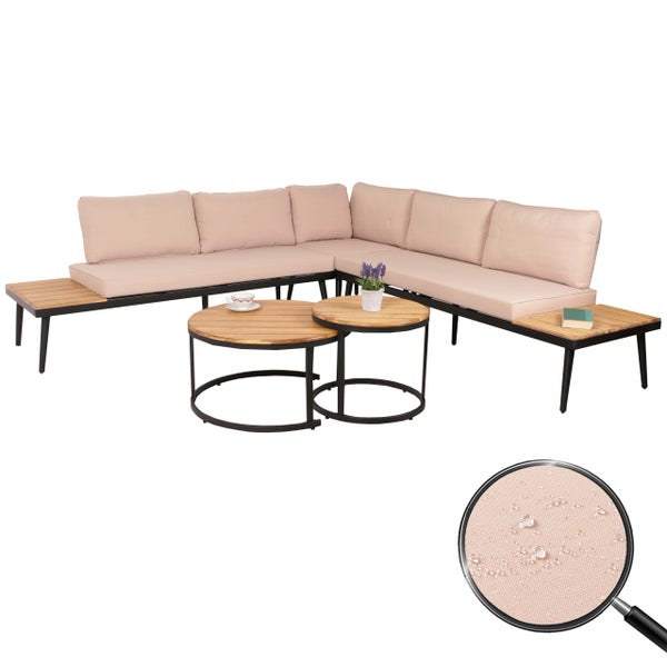 Garten-Lounge-Set aus Metall und Holz mit Ecksofa, zwei runden Couchtischen und wasserabweisenden Polstern.