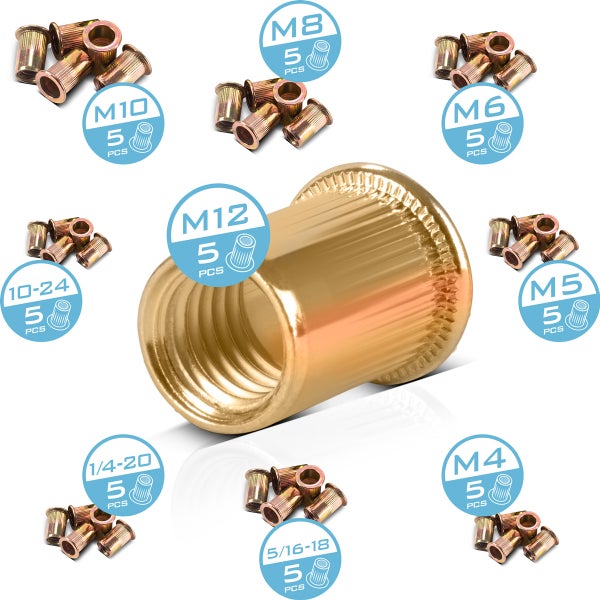 Set mit gerändelten Blindnietmuttern aus verzinktem Stahl in Größen von M4 bis M12 und Zollgrößen, jeweils 5 Stück pro Größe.