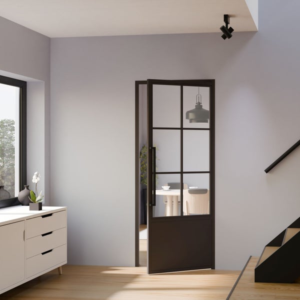 Loft Glastür 930x2040mm Klarglas Komplettset mit Beschlag DIN Rechts 6 Felder Kickplatte - Griffstange und Zarge