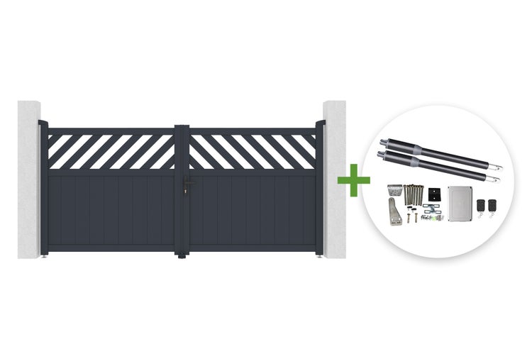 Zweiflügeliges Aluminium-Einfahrtstor mit diagonalen Lamellen oben inklusive komplettem elektrischem Torantrieb-Set mit Motoren und Fernbedienungen.