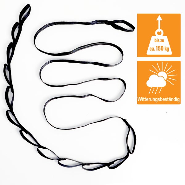 Schwarze Gurtbandschlinge mit mehreren Schlaufen, belastbar bis zu circa 150 Kilogramm und witterungsbeständig.