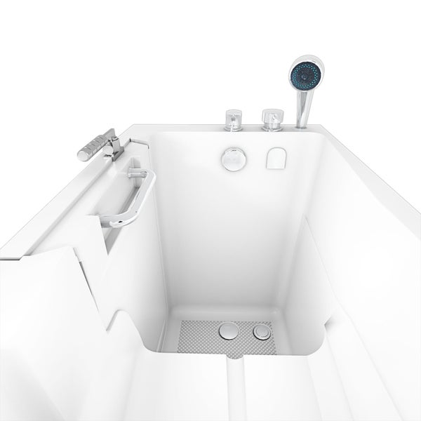 Sitzbadewanne mit integrierter Tür, Haltegriff, Handbrause und rutschfester Bodenoberfläche.