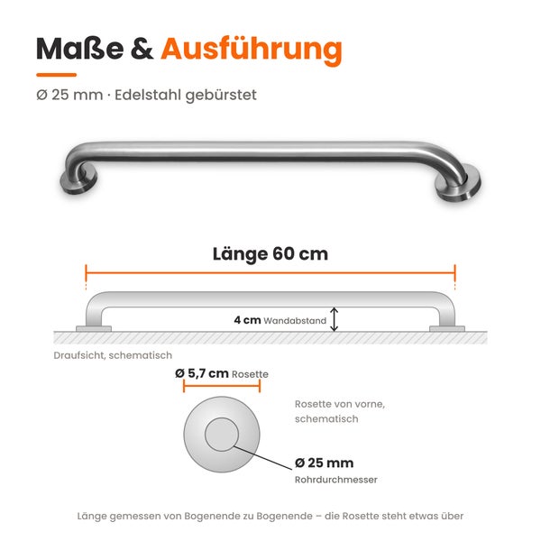 Maßzeichnung eines gebürsteten Edelstahl Haltegriffs mit 60 Zentimeter Länge und 25 Millimeter Rohrdurchmesser.