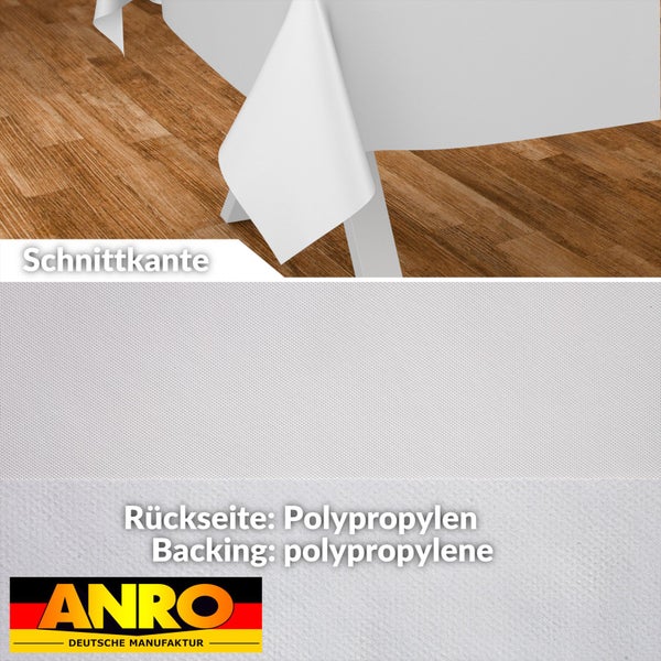 Wachstuch Tischdecke mit Schnittkante, Rückseite aus Polypropylen, ANRO Logo.