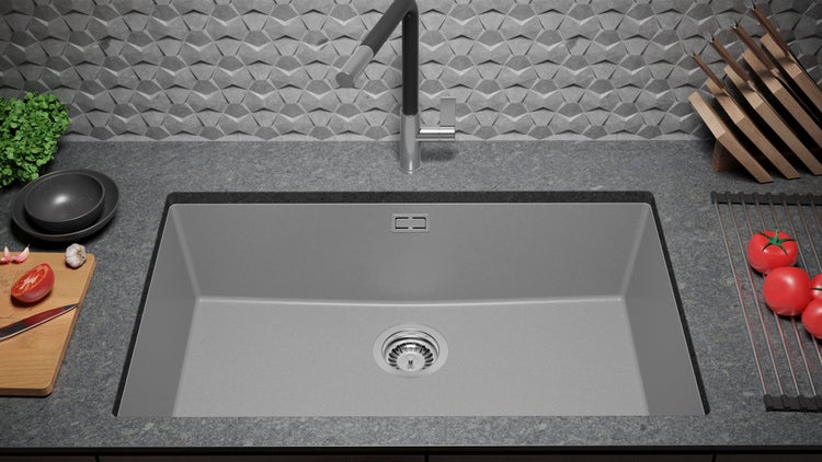 PRIMAGRAN Unterbauspüle Granit Grau 76x47cm, Spülbecken 1 Becken + Ablauf-Set, Granitspüle ab 80er Unterschrank - London
