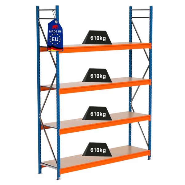 Vierstöckiges Schwerlastregal mit einer Traglast von 610 Kilogramm pro Ebene und Hergestellt in der EU Kennzeichnung.